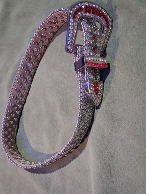 Silver Belt with Red and Clear Rhinestones